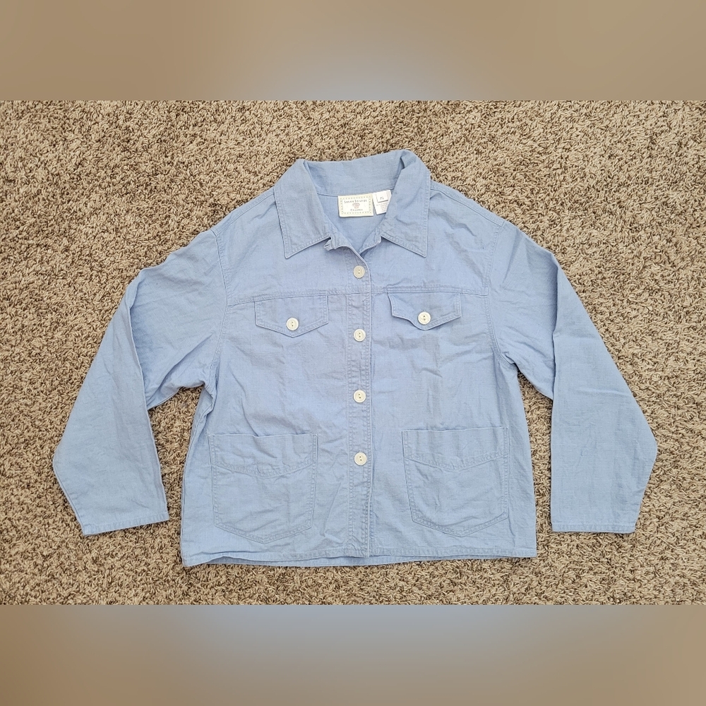 Susan Bristol Casuals Linen Blue Chore Jacket Shirt Shacket Size Petite Small PS